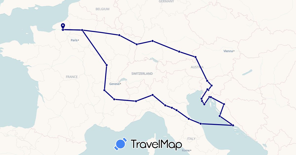 TravelMap itinerary: driving in Austria, Germany, France, Croatia, Italy, Slovenia, San Marino (Europe)